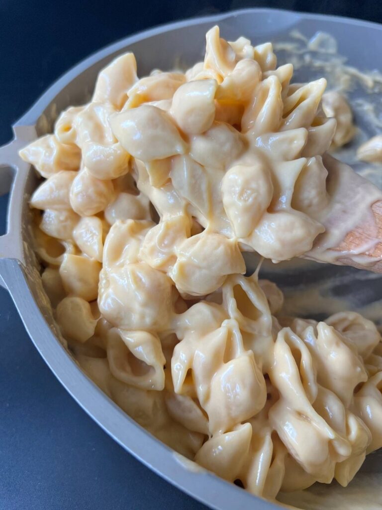 high protein mac and cheese in the pan