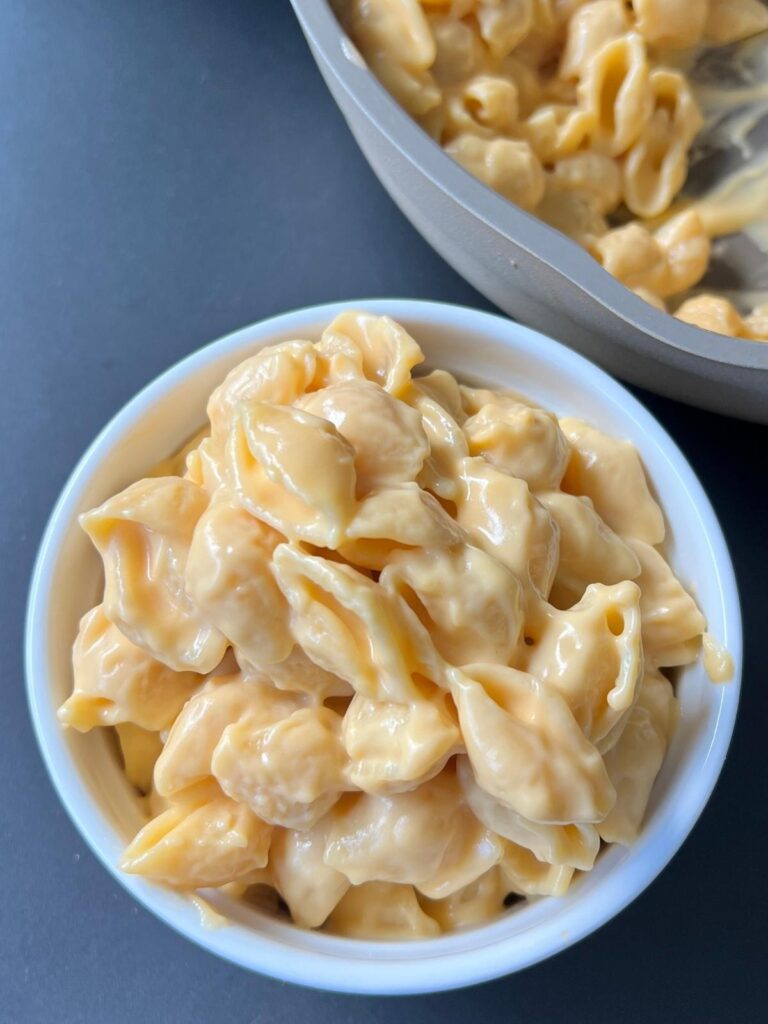 high protein mac and cheese in a bowl