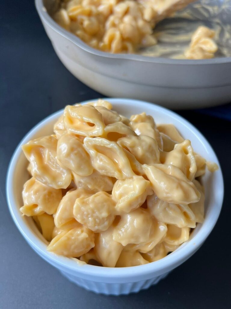 high protein mac and cheese in a bowl