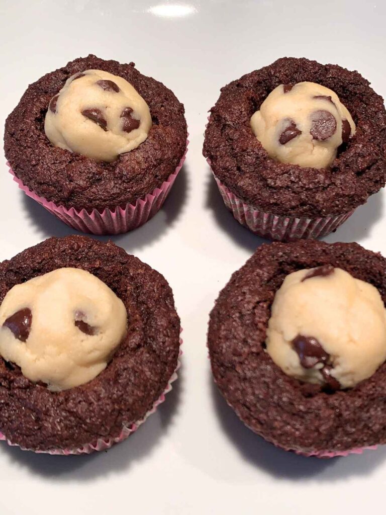 chocolate cupcakes with cookie dough in the center