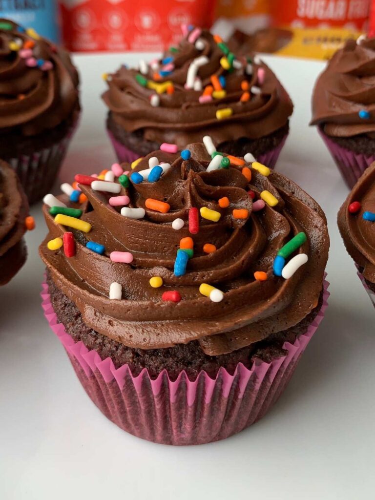 keto chocolate cupcakes with frosting and sprinkles