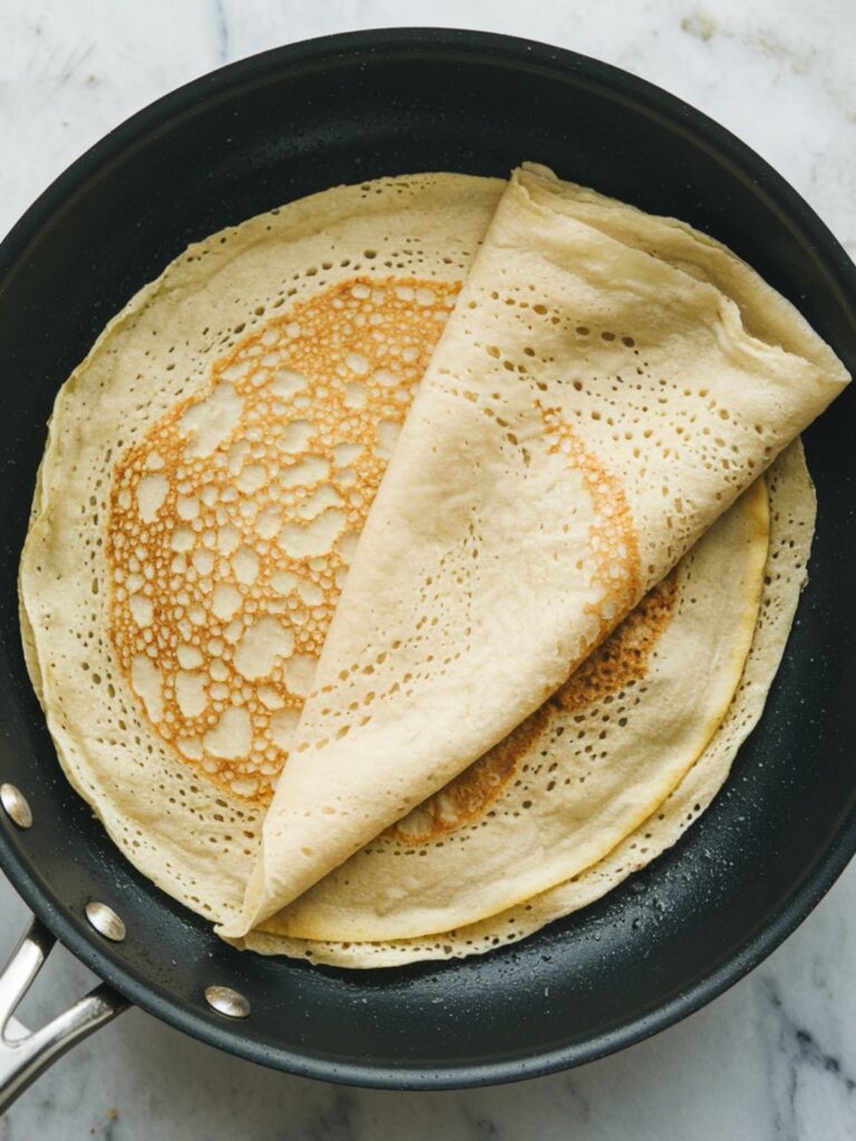 keto crepes being cooked in a pan