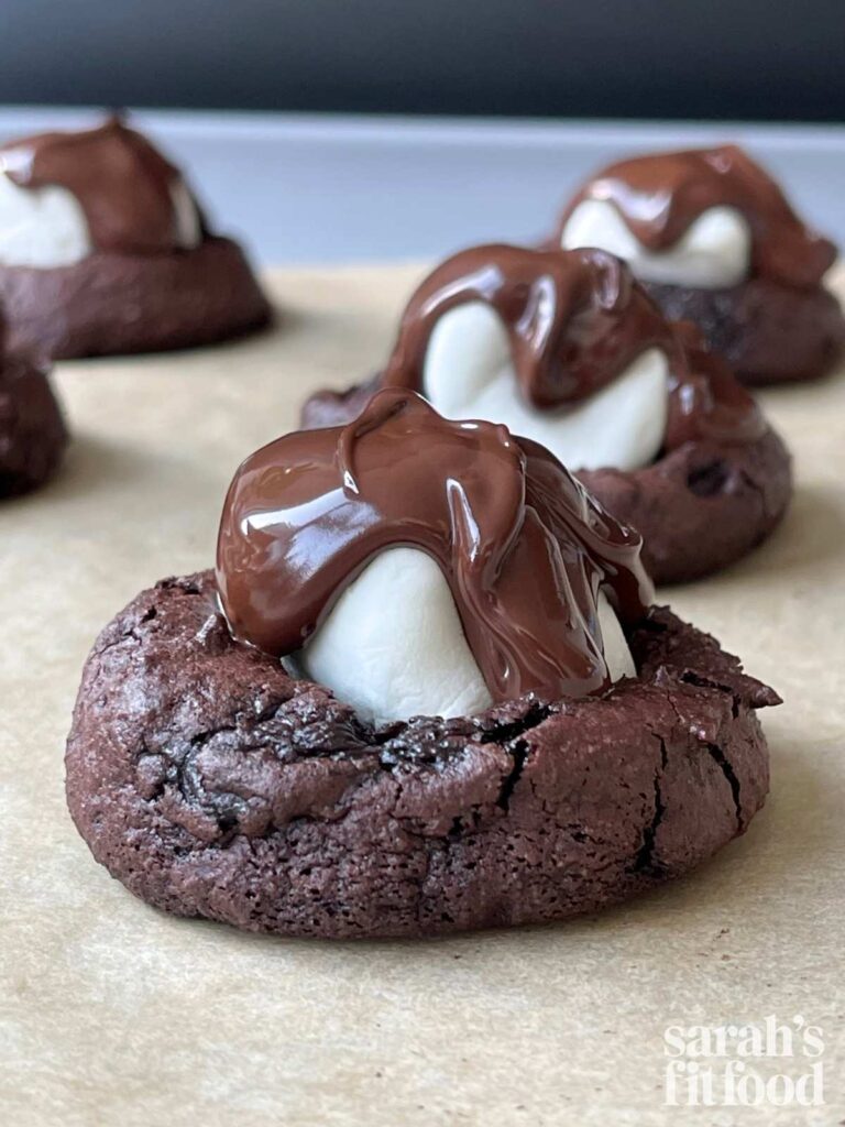 gluten free hot cocoa cookies shown on a cookie sheet