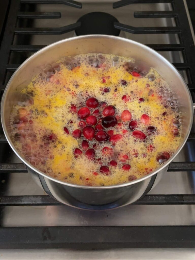 all the cranberry sauce ingredients boiling in a saucepan on the stove
